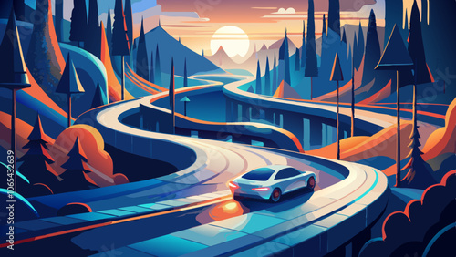 A car navigates a winding road illuminated with a glowing network pattern, set amidst dense trees, showcasing futuristic technology and night