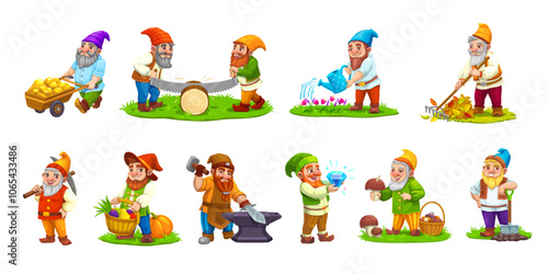 Cartoon gnome dwarf characters. Cute fairy tale small garden gnome vector personages with magic hats, mushroom, wheelbarrow and pickaxe. Funny gardener, miner, blacksmith and lumberjack dwarfs