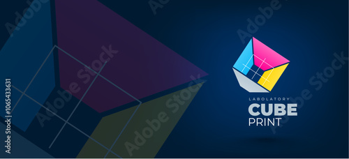 Logo CMYK printing theme. Cube Print. Template design vector. Black background.