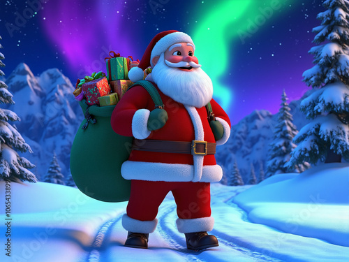 3d of santa caluse is walking in the snow carrying a sack of gifts in the middle of a fir forest under the snow photo