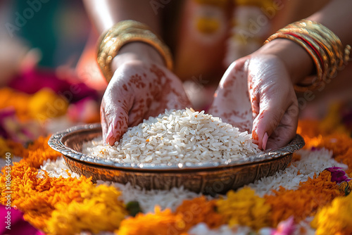 rice grains used in a Hindu blessing ritual. photo