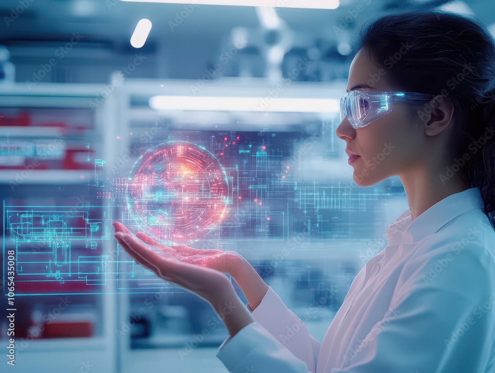 Woman observing a holographic pill in her hand, futuristic lab setting, neon light accents, cybernetic theme Woman observing a holographic pill in her hand, futuristic lab setting, neon light accents, cybernetic theme