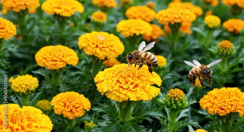 Golden marigold patch with bees buzzing and bright colors