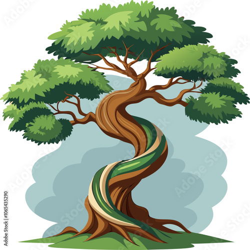 A whimsical illustration of a twisted tree, with a gnarled trunk and lush green leaves. This captivating image can bring a touch of nature to your designs.