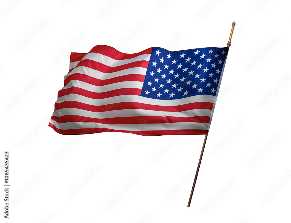 Flag of the United States of America. The US flag flutters in the wind. Isolated on a white background.