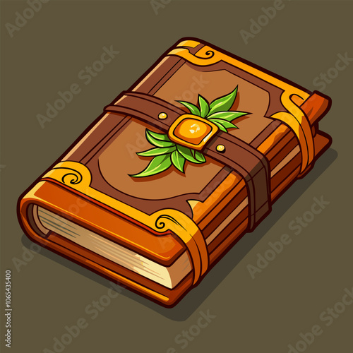 A whimsical illustration of a leather-bound book with a golden clasp and a leafy accent. Perfect for adding a touch of magic and adventure to your designs. Ideal for fantasy games, storytelling.