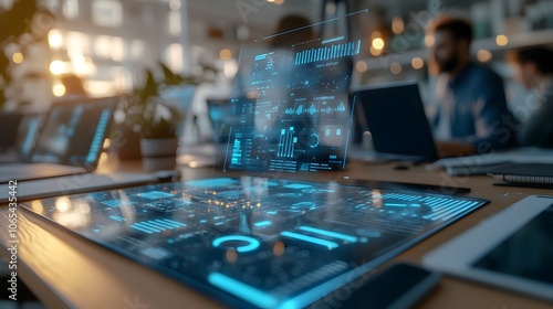 Wallpaper Mural Futuristic Silhouettes Analyzing Blue Holographic Data Charts at Corporate Meeting Torontodigital.ca