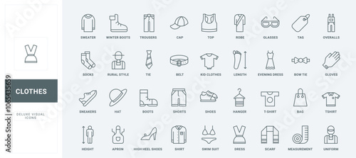 Sneakers and trousers, dress and bikini, female and male garment to wear thin black outline symbols vector illustration. Casual clothes and shoes, fashion for man, woman, and child line icons set.