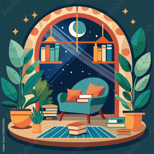 Cozy reading nook with a comfy armchair, bookshelves filled with books, and a window with a view of the night sky. Perfect for relaxing and getting lost in a good book.