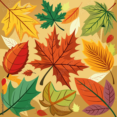 Vibrant autumn leaves in various shades of red, orange, yellow, and green, creating a beautiful and festive pattern. Perfect for fall-themed designs, seasonal decorations.