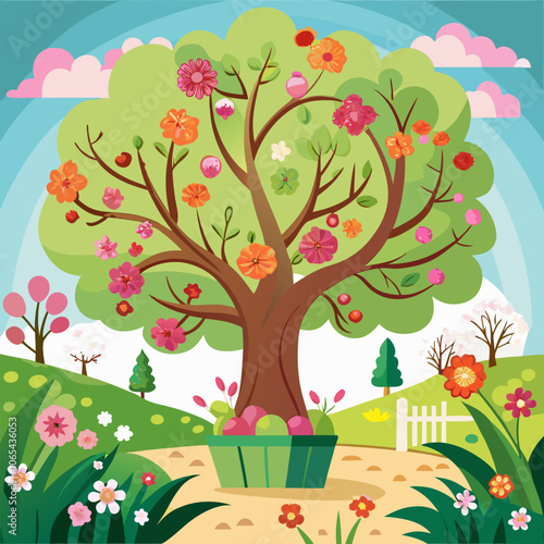 A vibrant illustration of a blooming tree with flowers of various colors, showcasing the beauty of nature in springtime. Perfect for adding a touch of vibrancy to your designs.