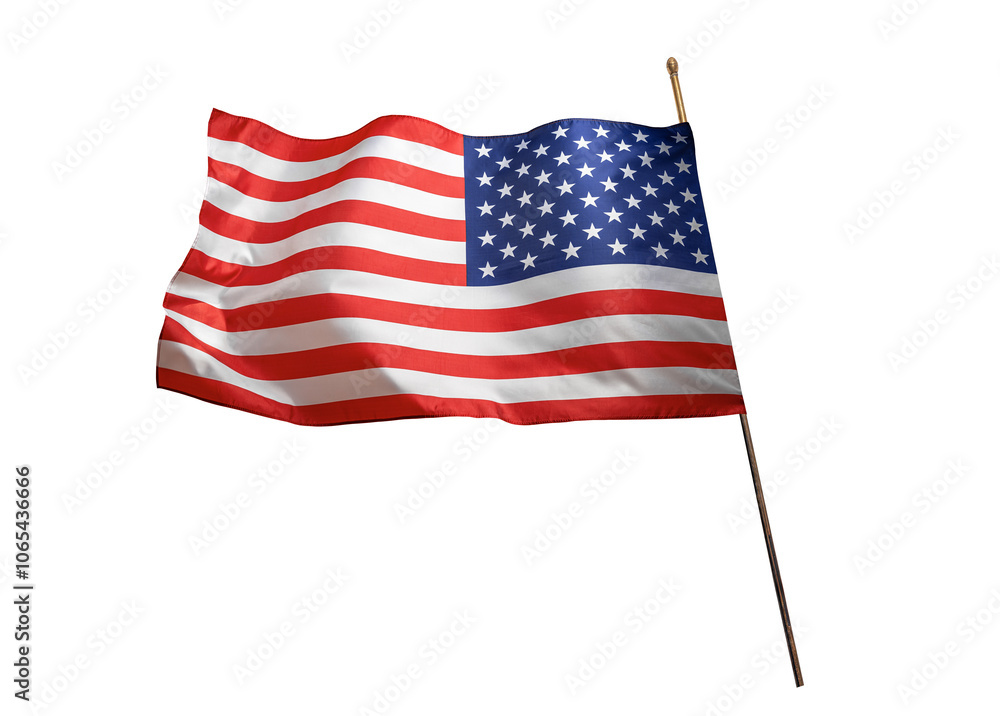 Flag of the United States of America. The US flag flutters in the wind. Isolated on a white background.