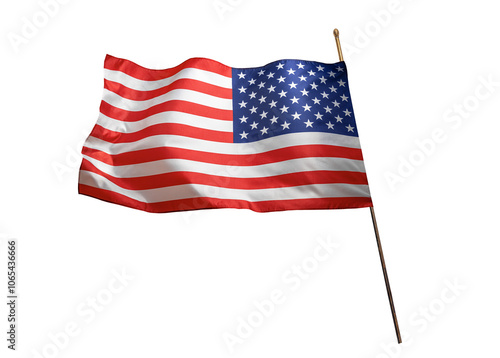 Flag of the United States of America. The US flag flutters in the wind. Isolated on a white background.