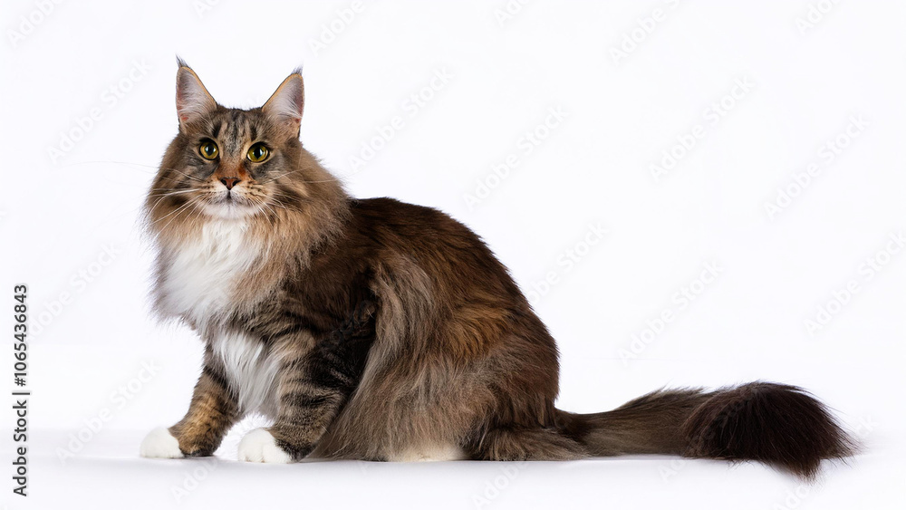 Fototapeta premium Norwegian Forest Cat sitting on white background.