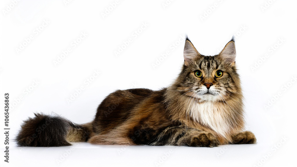 Obraz premium Norwegian forest cat lying on white background.