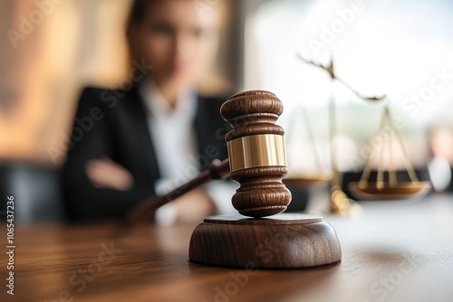 Legal proceedings with a gavel and scales of justice in a courtroom during a serious discussion