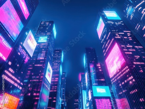 Neonlit cyberpunk cityscape at night, towering skyscrapers with holographic billboards, vibrant colors, high detail, rainsoaked streets photo