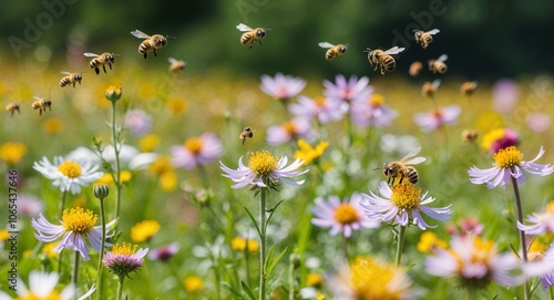 Meadow with wildflowers bees buzzing and gentle breeze