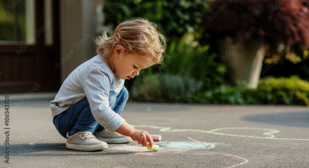 Little child drawing with chalk on pavement outdoors