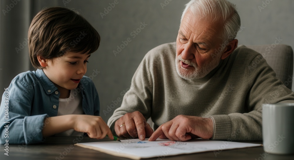 Grandfather teaching grandson to draw at home Grandfather teaching grandson to draw at home