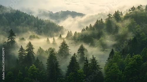 Misty Forest Landscape with Sunlight Filtering Through the Trees.
