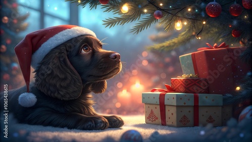 Adorable Puppy in Santa Hat by Christmas Tree and Presents