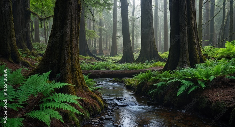 Obraz premium Old forest with large trees ferns gentle stream