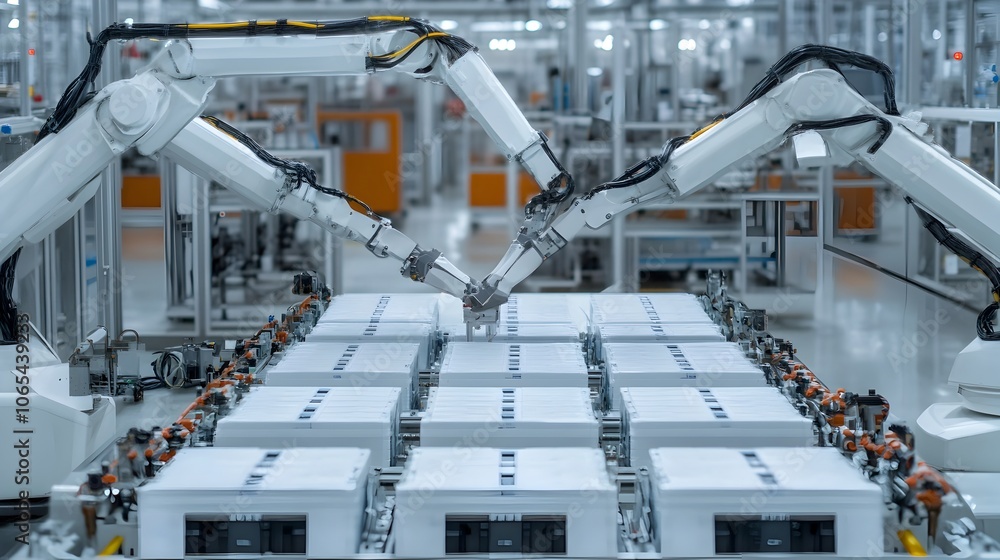 Fototapeta premium Robotic Arms Assembling EV Batteries in Futuristic Clean Factory with High Tech Machinery