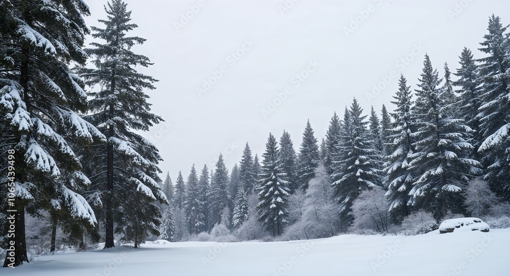 Fototapeta premium Pine forest with fresh snowfall stillness winter beauty