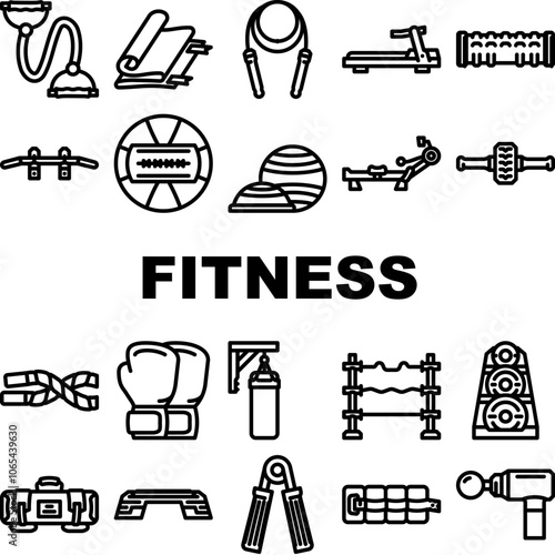 fitness tool dumbbell kettlebell icons set vector. barbell resistanceband, jumprope yoga, mat foamroller, medicineball pullup fitness tool dumbbell kettlebell black contour illustrations