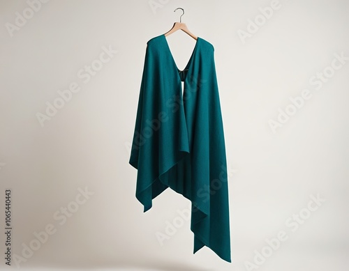 Elegant teal cape hanging on a wooden hanger against a neutral background.