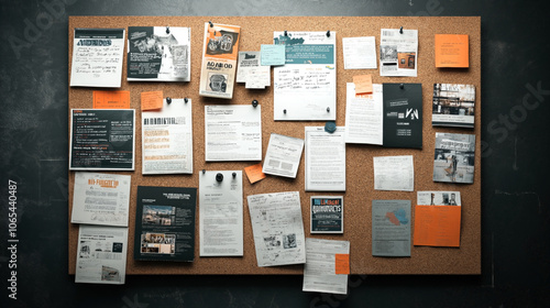 Cork bulletin board with various papers, flyers, and notes pinned, including event announcements, informational sheets, and handwritten reminders in a classroom or office setting.