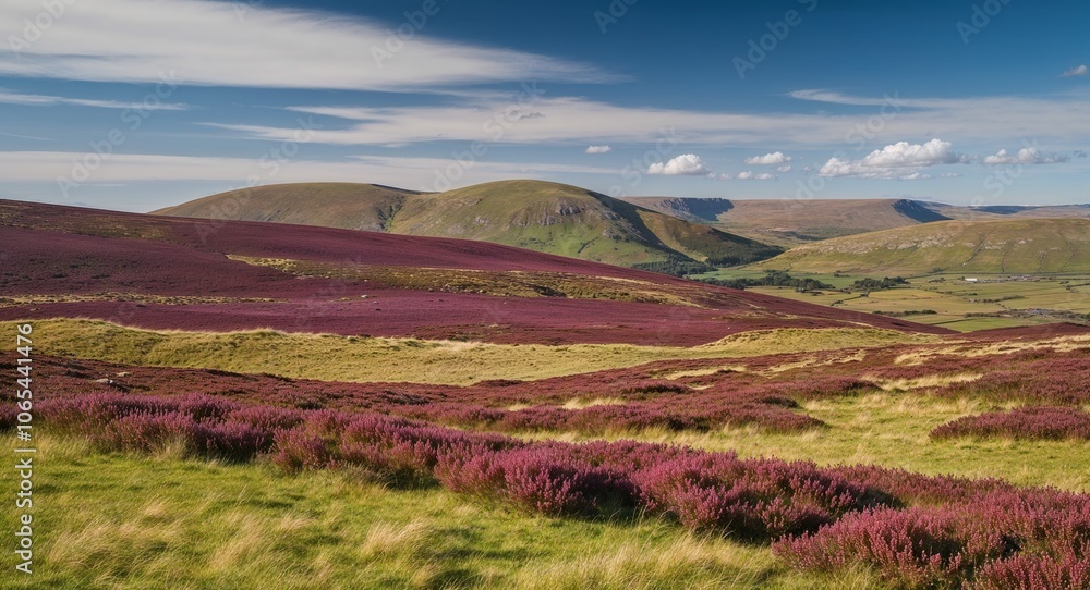 Obraz premium Rolling moorlands with purple heather green grass and big skies