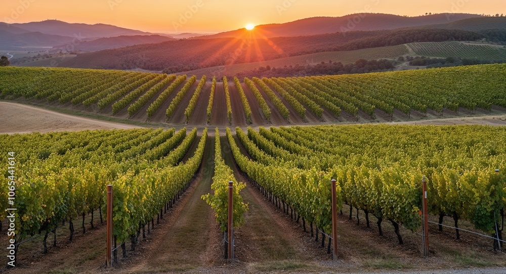 Fototapeta premium Rolling vineyard hills with green grapevines sunset glow