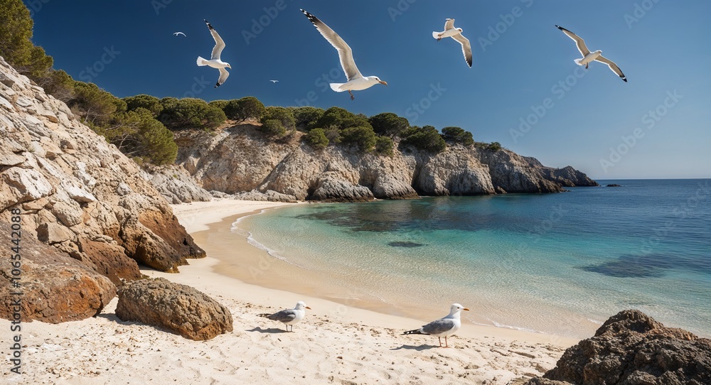 Fototapeta premium Sandy beach cove with rocky walls clear water and seagulls