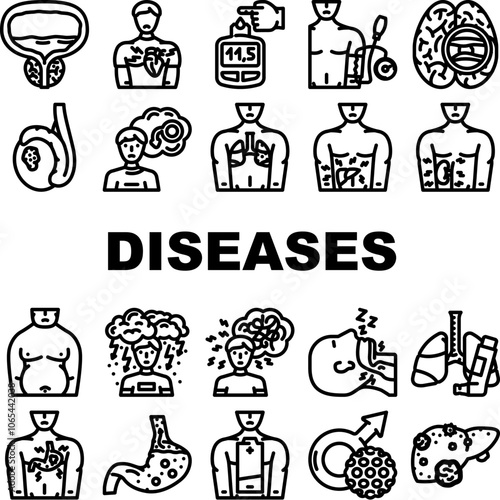 men diseases prostate cancer icons set vector. diabetes hypertension, obesity depression, heart stroke, erectile osteoporosis men diseases prostate cancer black contour illustrations