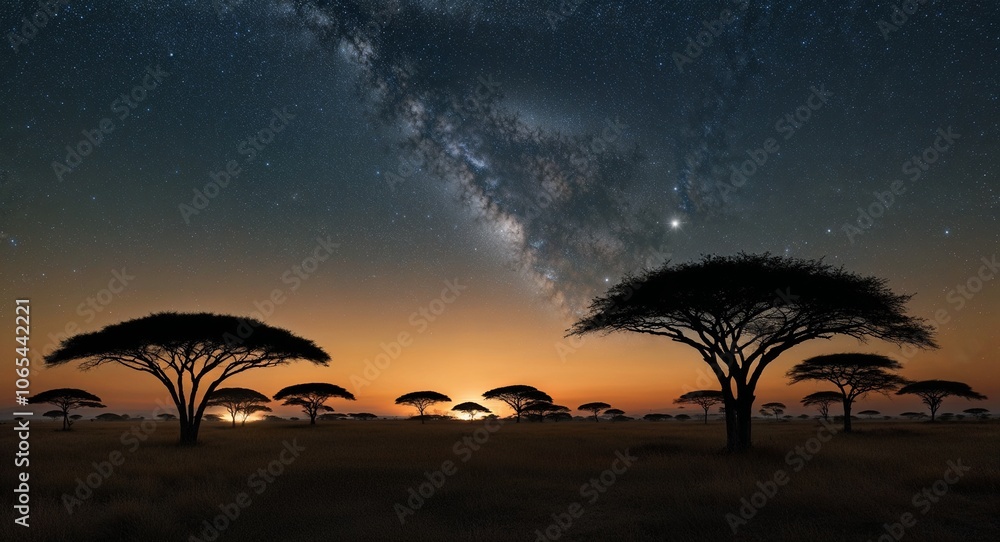 Savanna night with starry sky silhouetted trees and soft glow Savanna night with starry sky silhouetted trees and soft glow