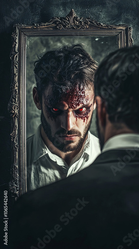 narcissist see monster in the mirror true reflection, Self-center narcissist person acting entitled and arrogant having a big selfish ego, see true 
