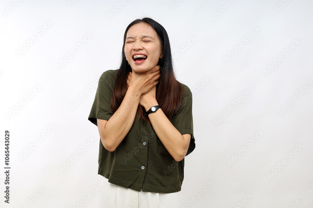 Young hispanic woman wearing casual shirt shouting and suffocate because painful strangle. health problem. asphyxiate and suicide concept. Young hispanic woman wearing casual shirt shouting and suffocate because painful strangle. health problem. asphyxiate and suicide concept.