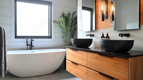 Modern Ensuite bathroom with sleek timber vanity black fixtures pillshaped mirrors and minimalist design create a sophisticated spalike retreat  photo