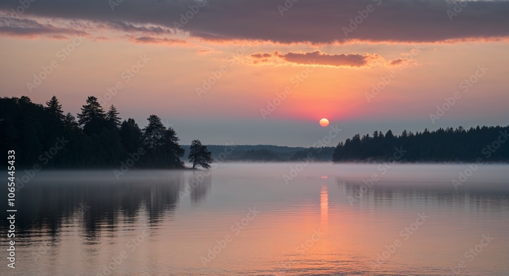Fototapeta premium Sunrise over lake with mist and distant trees