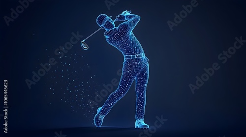 Holographic Golfer in Blue Swinging Mid Air with Neon Effects on Plain Background photo