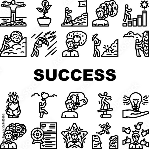 success life achievement goal icons set vector. motivation ambition, perseverance discipline, focus growth, mindset, resilience success life achievement goal black contour illustrations