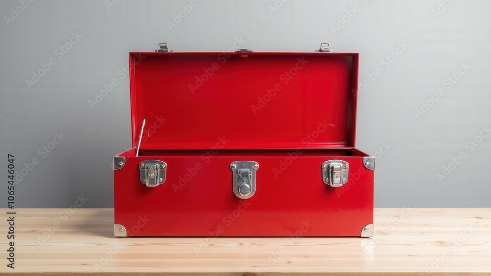 Red toolbox open and sturdy, ideal for automotive, workshop, or home improvement settings