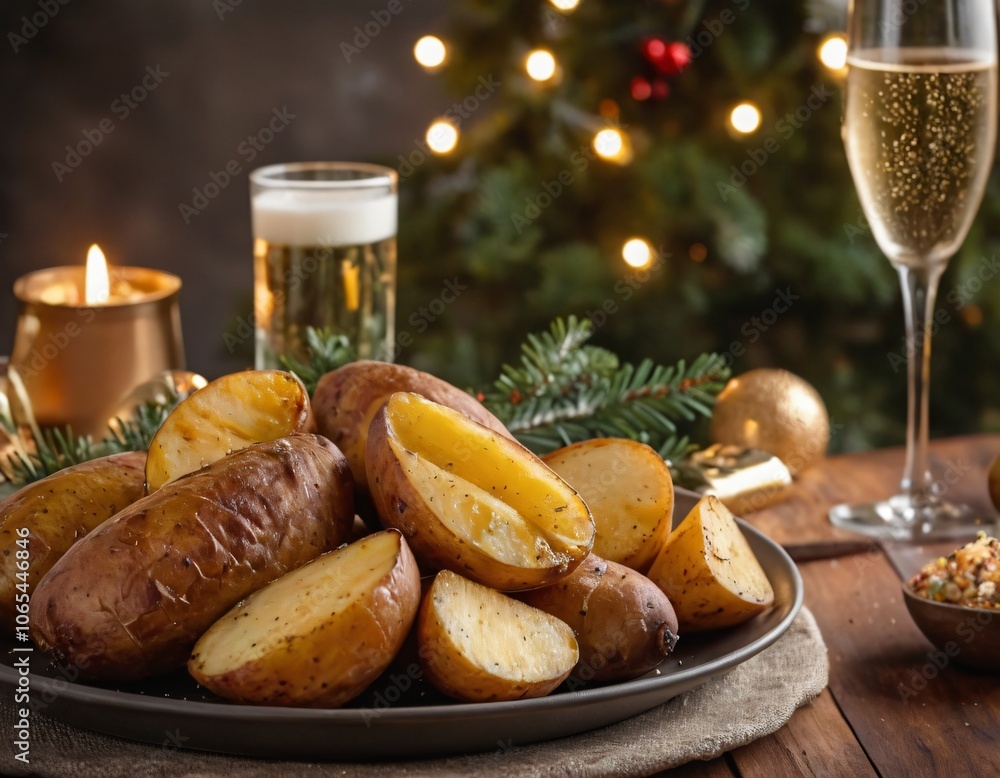 Background shot of baked potato wedges as side dish and champagne glass with sparkling drink served on festive dining table on Christmas Eve, copy space Background shot of baked potato wedges as side dish and champagne glass with sparkling drink served on festive dining table on Christmas Eve, copy space