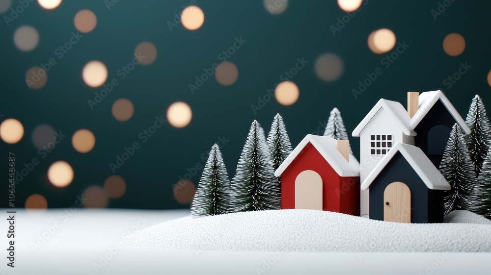 Fototapeta premium A cozy winter scene featuring small houses in snow, surrounded by miniature trees and a backdrop of soft bokeh lights.