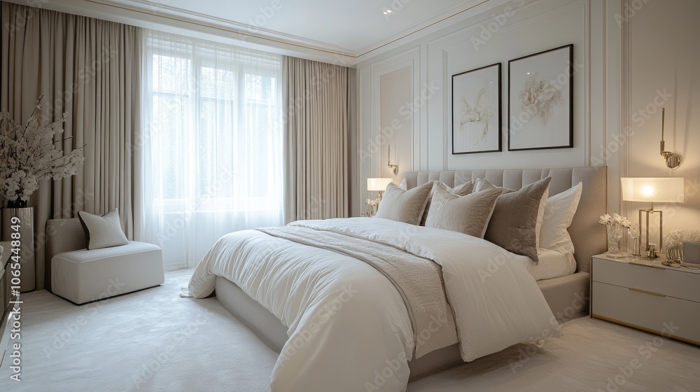 Fototapeta premium Modern Luxurious Bedroom Interior with White Bedding and Beige Accents