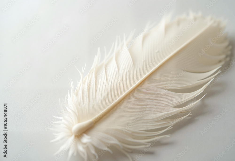 Obraz premium Close-up of a pristine white feather on a soft, neutral background highlighting delicate details