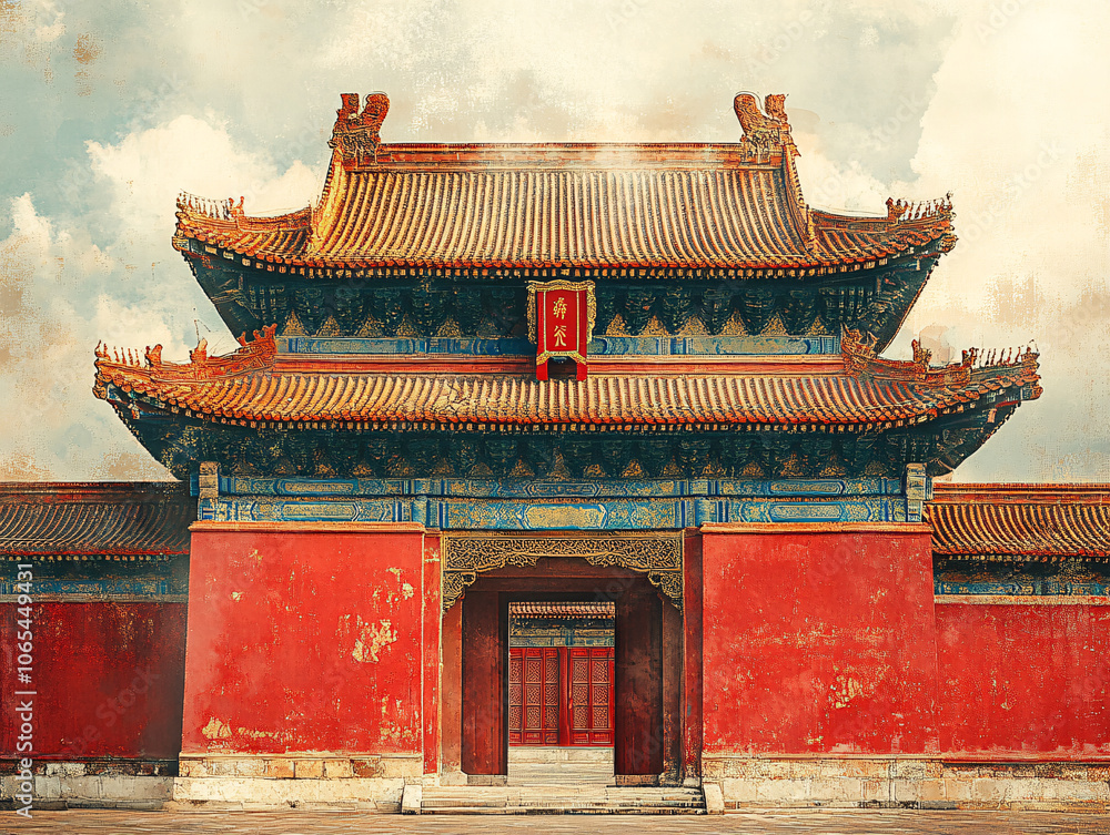 Obraz premium a traditional Chinese temple with a mountainous landscape.