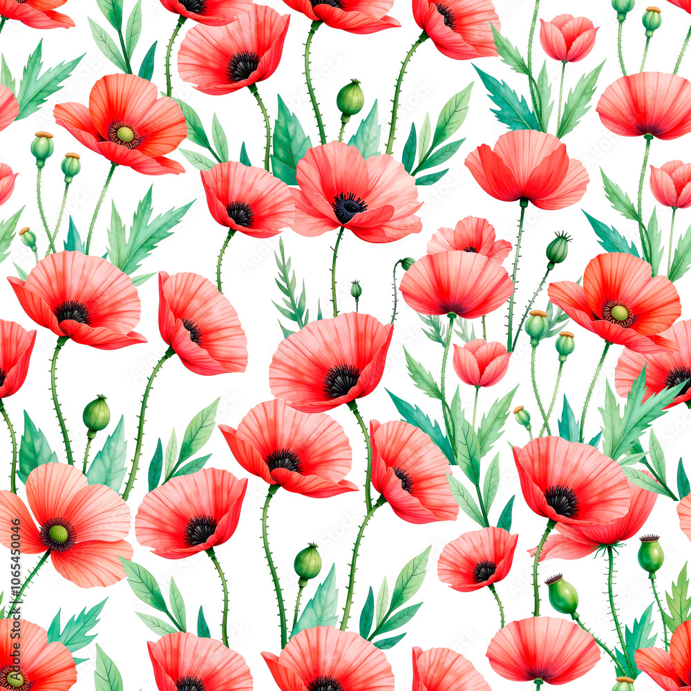 Fototapeta premium Watercolor seamless pattern with bright beautiful flowers of poppies. Floral print for printing on fabric.
